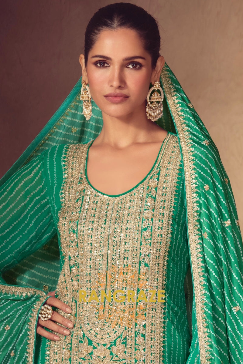 Emerald Regalia Premium Chinon Embroidered Suit Set