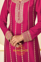 Fuchsia Pink Embroidered Premium Chinon Palazzo Suit Set