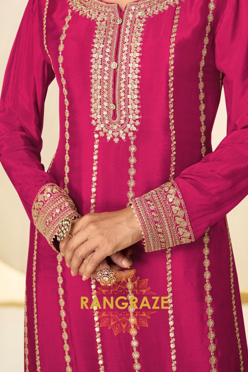 Fuchsia Pink Embroidered Premium Chinon Palazzo Suit Set