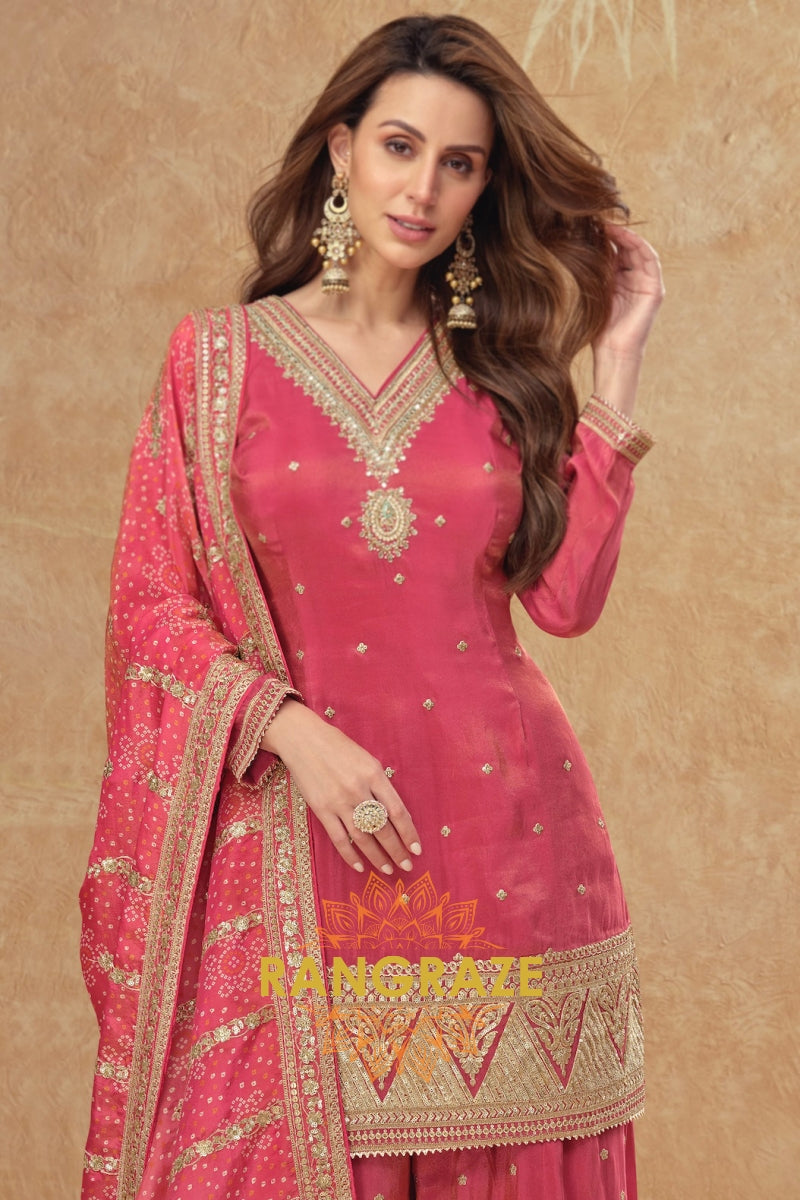 Rose Glow Premium Shimmer Silk Embroidered Sharara Suit Set