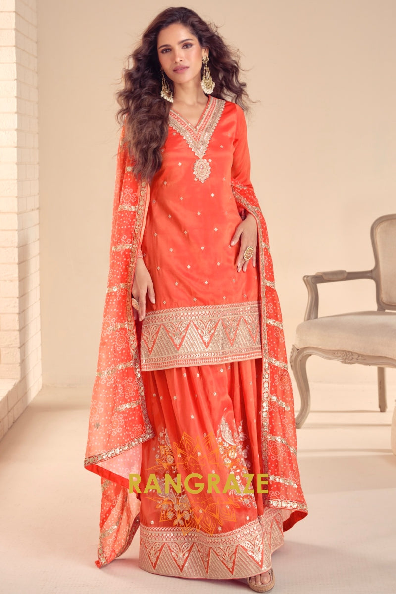 Sunset Glow Premium Shimmer Silk Embroidered Sharara Suit Set