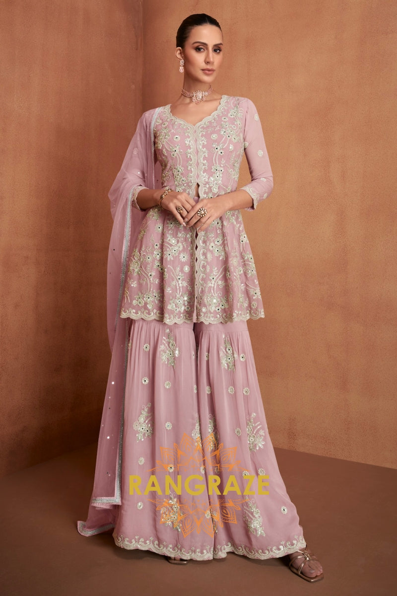 Dusty Rose Pure Premium Georgette Embroidered Sharara Suit with Dupatta