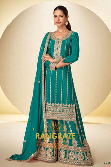 Teal Green Embroidered Premium Chinon Palazzo Suit Set