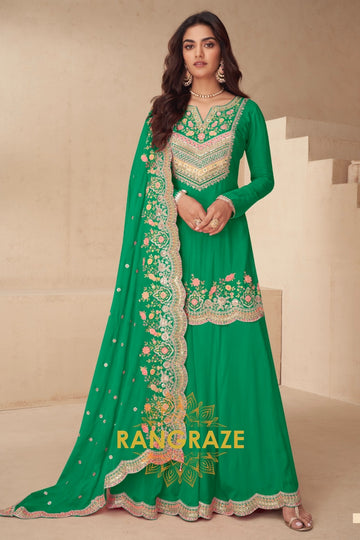 Emerald Bloom Real Chinon Designer Sharara Suit Set