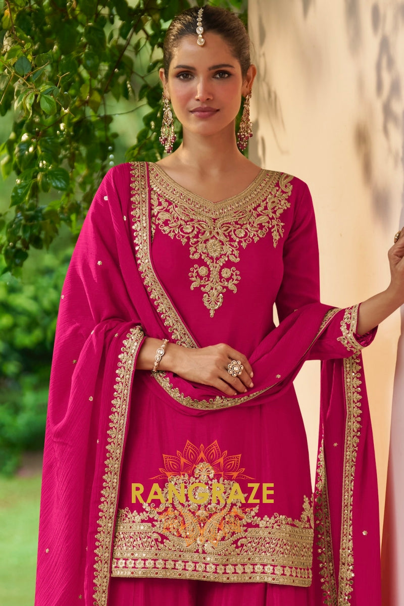 Magenta & Gold Embroidered Premium chinon Sharara Suit Set