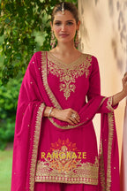 Magenta & Gold Embroidered Premium chinon Sharara Suit Set
