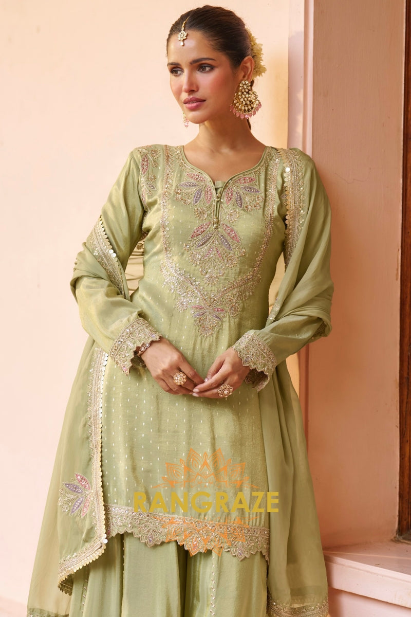 Sage Green Embroidered Premium chinon Sharara Suit Set