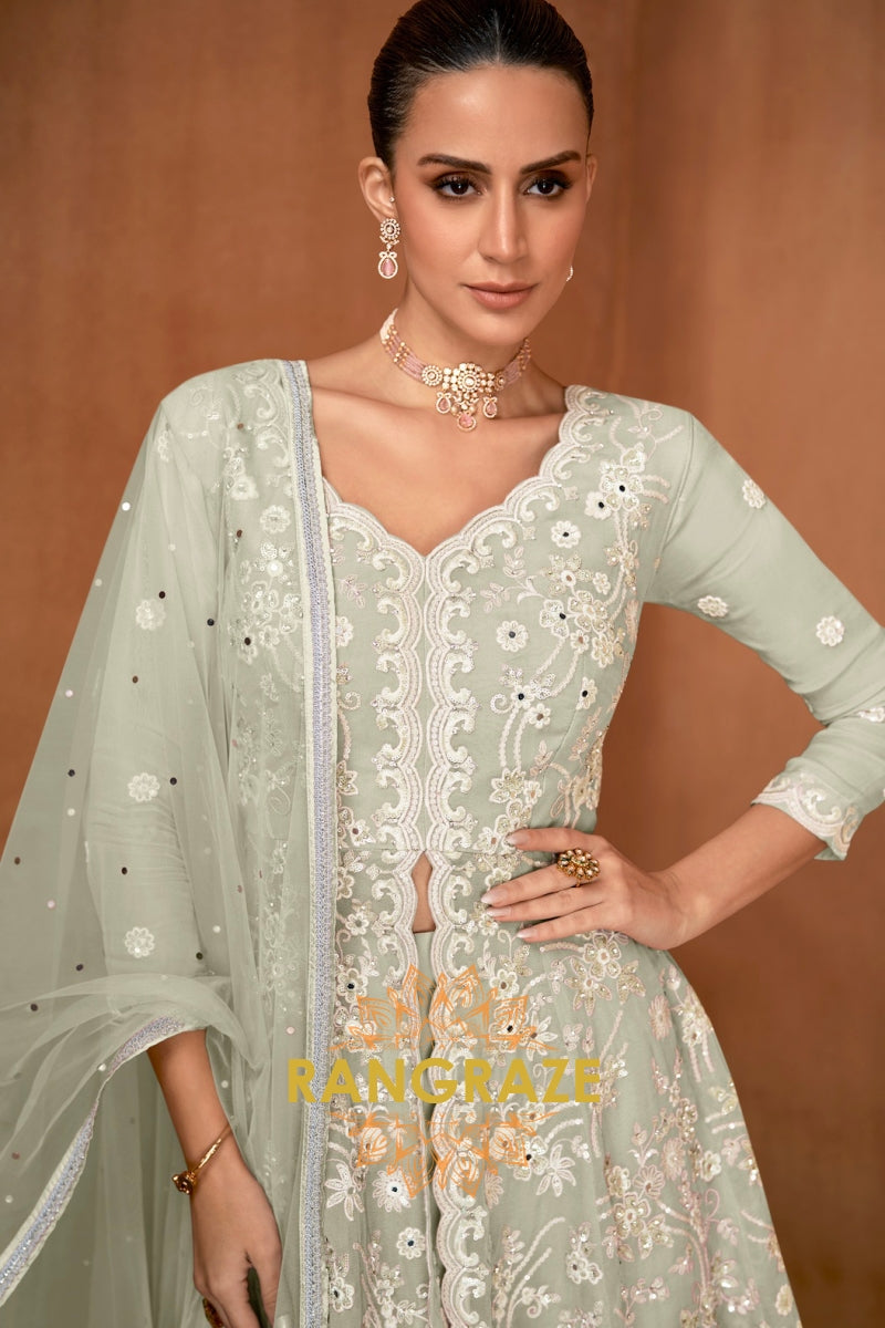Sage Green Pure Premium Georgette Embroidered Sharara Suit with Dupatta