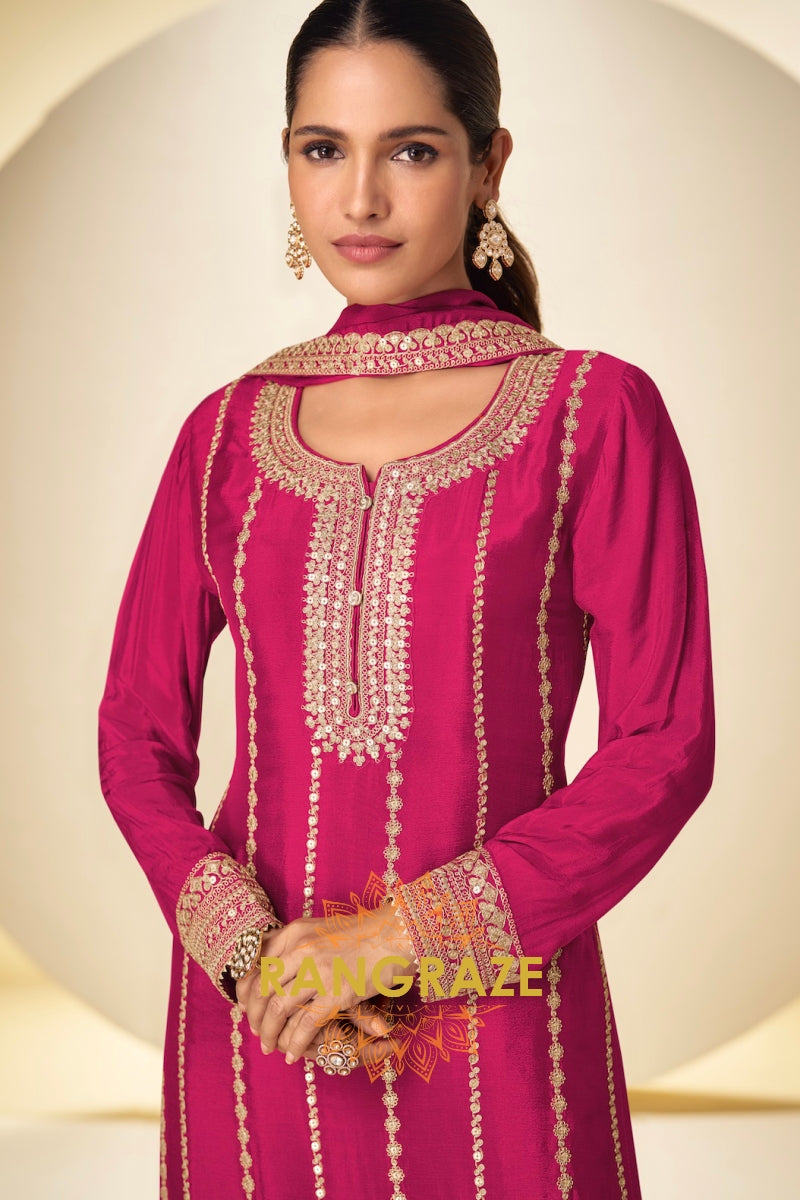 Fuchsia Pink Embroidered Premium Chinon Palazzo Suit Set
