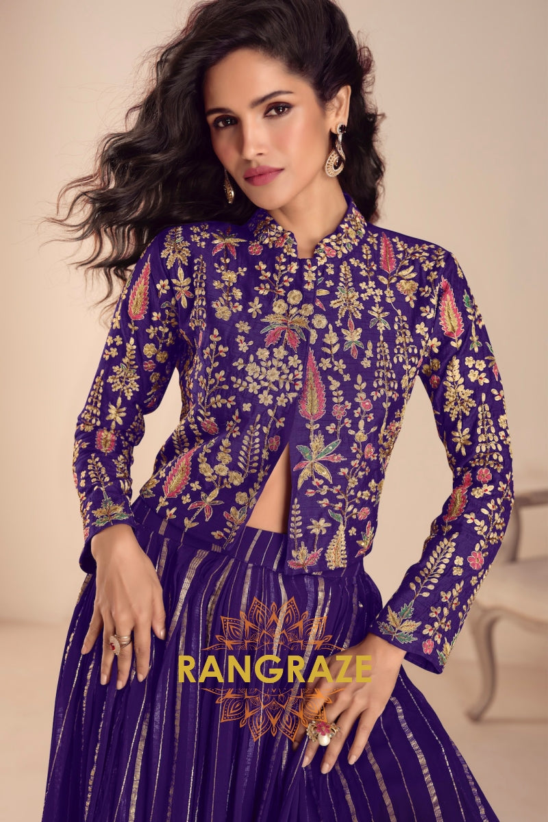 Royal Purple Embroidered Premium Viscose Silk Lehenga Jacket Suit Set with Can-Can