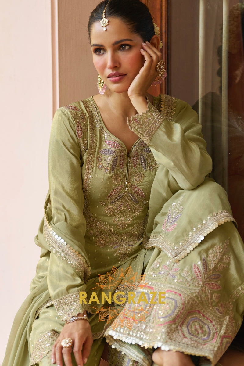 Sage Green Embroidered Premium chinon Sharara Suit Set