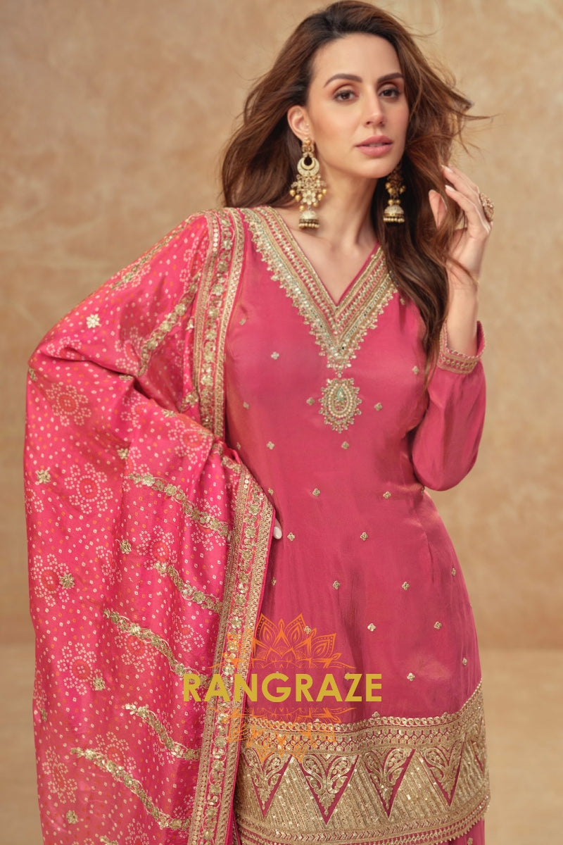 Rose Glow Premium Shimmer Silk Embroidered Sharara Suit Set