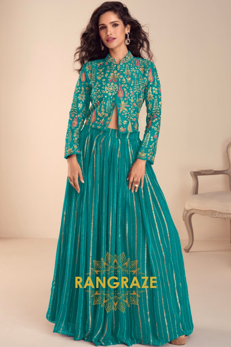 Teal Green Embroidered Premium Viscose Silk Lehenga Jacket Suit Set with Can-Can