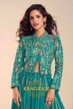 Teal Green Embroidered Premium Viscose Silk Lehenga Jacket Suit Set with Can-Can