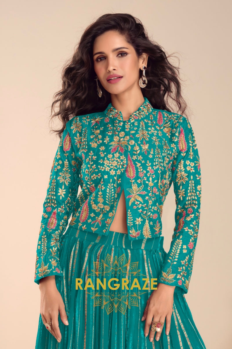 Teal Green Embroidered Premium Viscose Silk Lehenga Jacket Suit Set with Can-Can