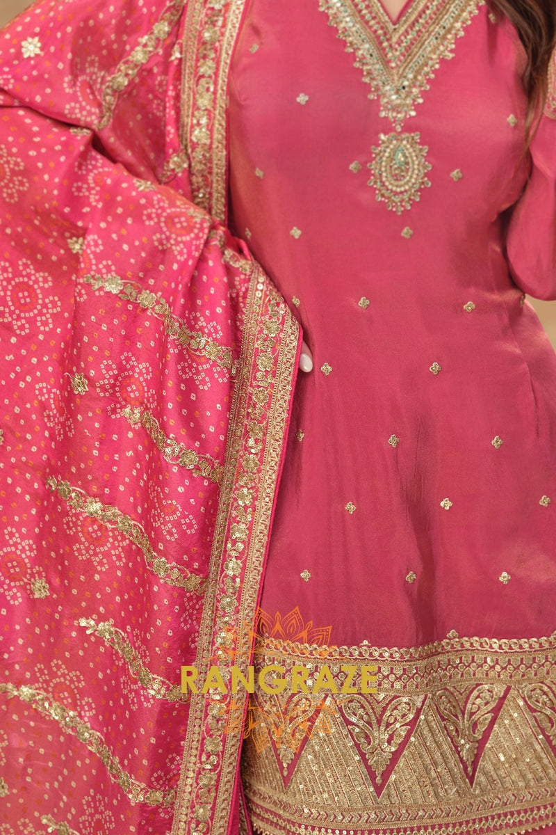 Rose Glow Premium Shimmer Silk Embroidered Sharara Suit Set