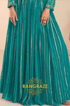 Teal Green Embroidered Premium Viscose Silk Lehenga Jacket Suit Set with Can-Can