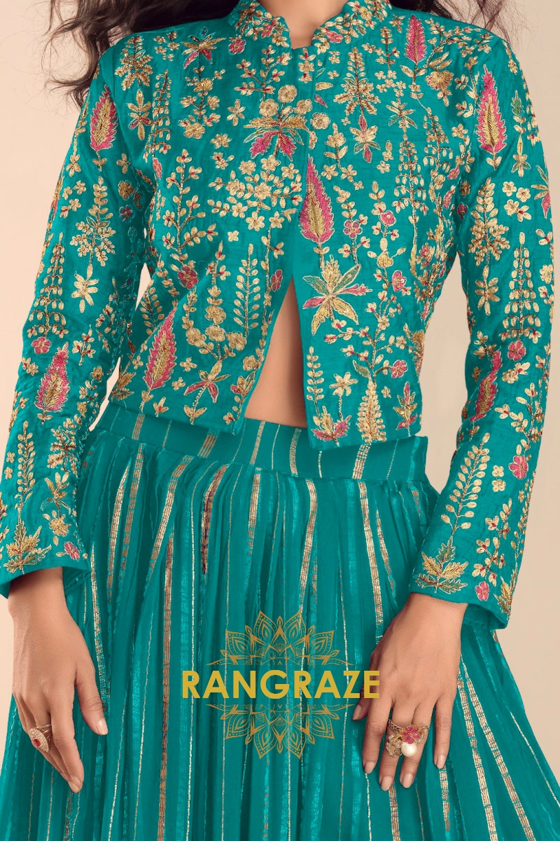 Teal Green Embroidered Premium Viscose Silk Lehenga Jacket Suit Set with Can-Can