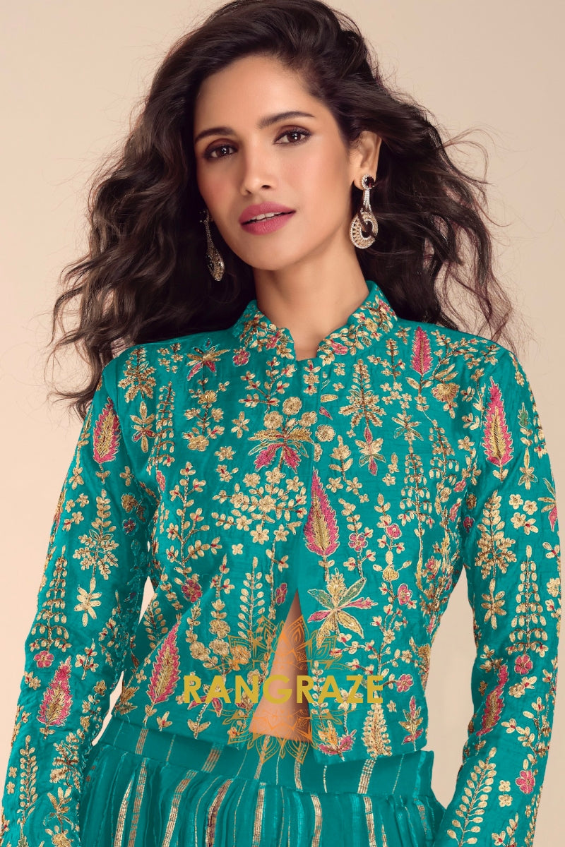 Teal Green Embroidered Premium Viscose Silk Lehenga Jacket Suit Set with Can-Can
