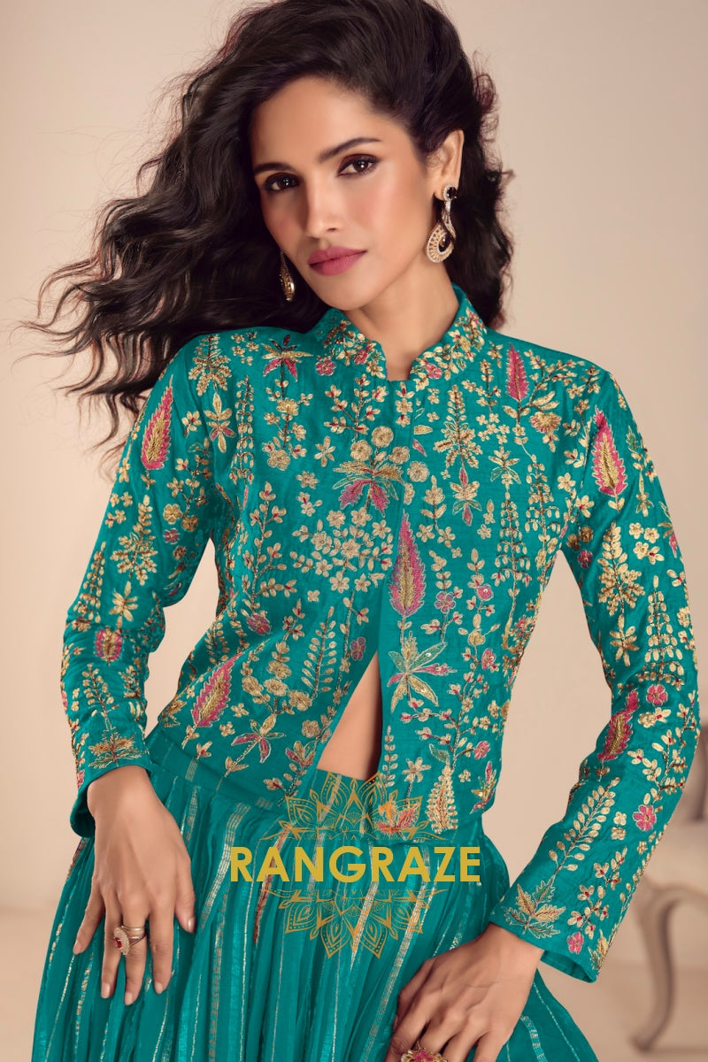 Teal Green Embroidered Premium Viscose Silk Lehenga Jacket Suit Set with Can-Can