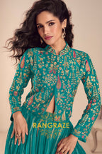 Teal Green Embroidered Premium Viscose Silk Lehenga Jacket Suit Set with Can-Can