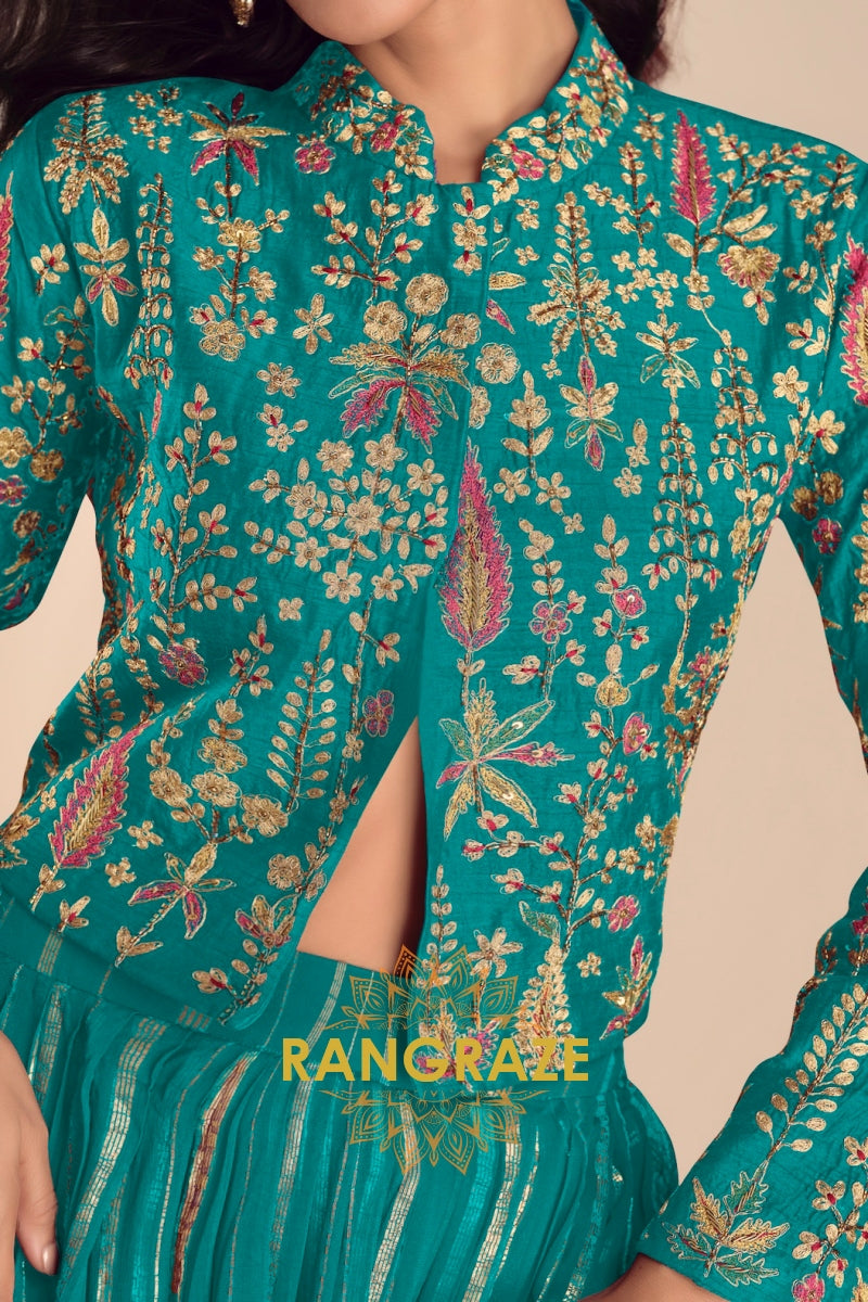 Teal Green Embroidered Premium Viscose Silk Lehenga Jacket Suit Set with Can-Can