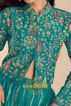 Teal Green Embroidered Premium Viscose Silk Lehenga Jacket Suit Set with Can-Can