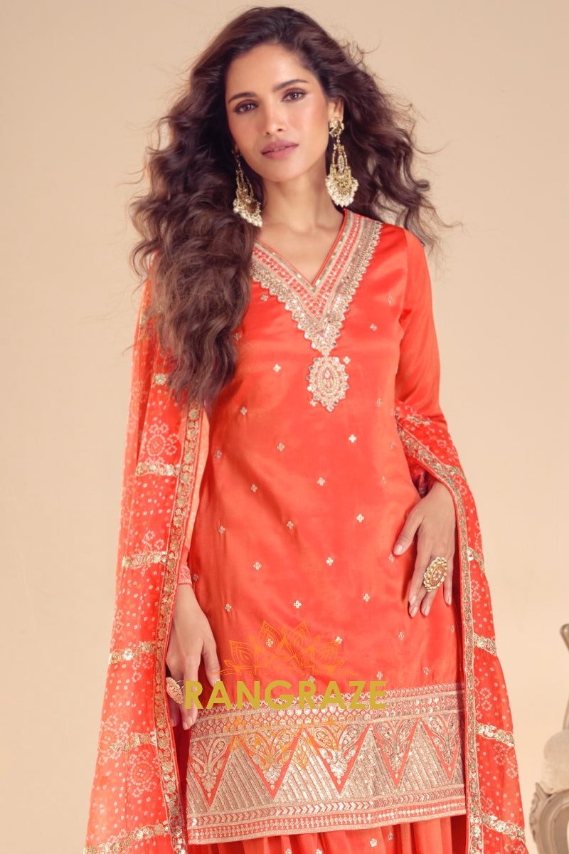 Sunset Glow Premium Shimmer Silk Embroidered Sharara Suit Set