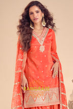 Sunset Glow Premium Shimmer Silk Embroidered Sharara Suit Set