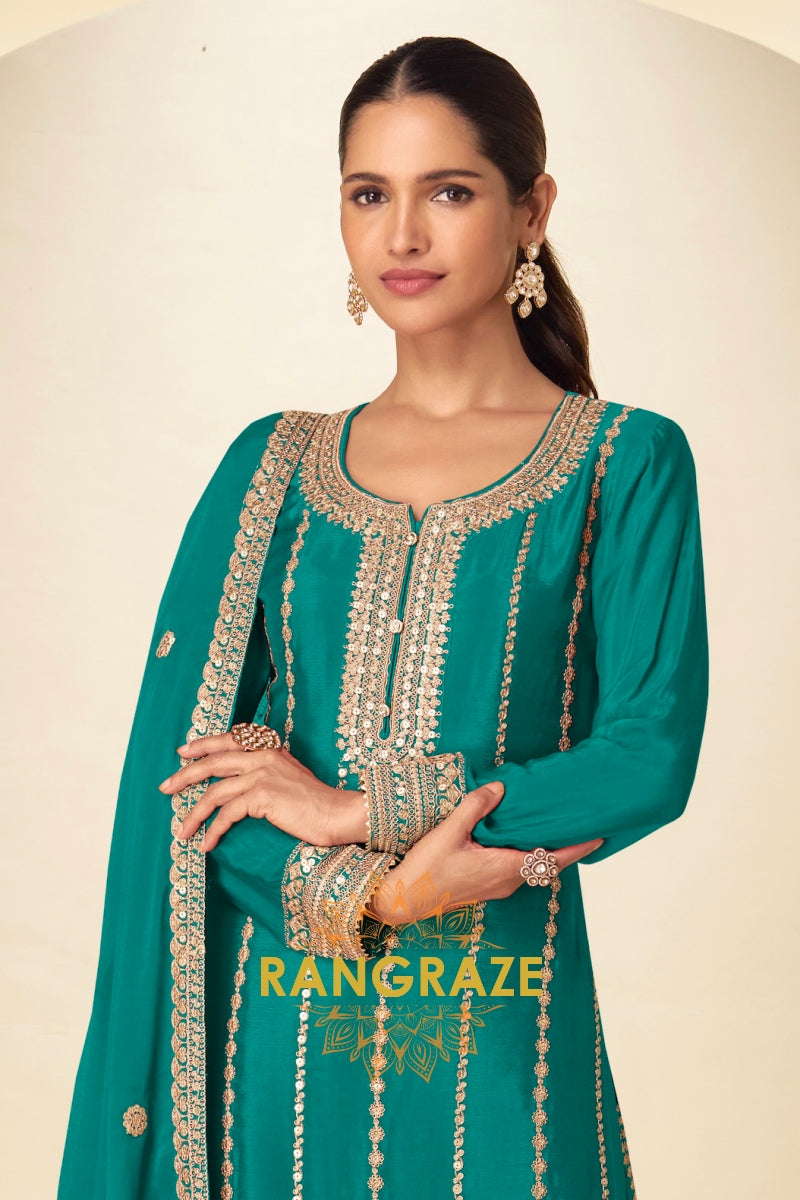 Teal Green Embroidered Premium Chinon Palazzo Suit Set