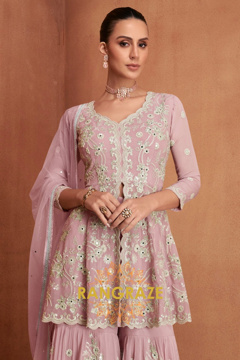 Dusty Rose Pure Premium Georgette Embroidered Sharara Suit with Dupatta