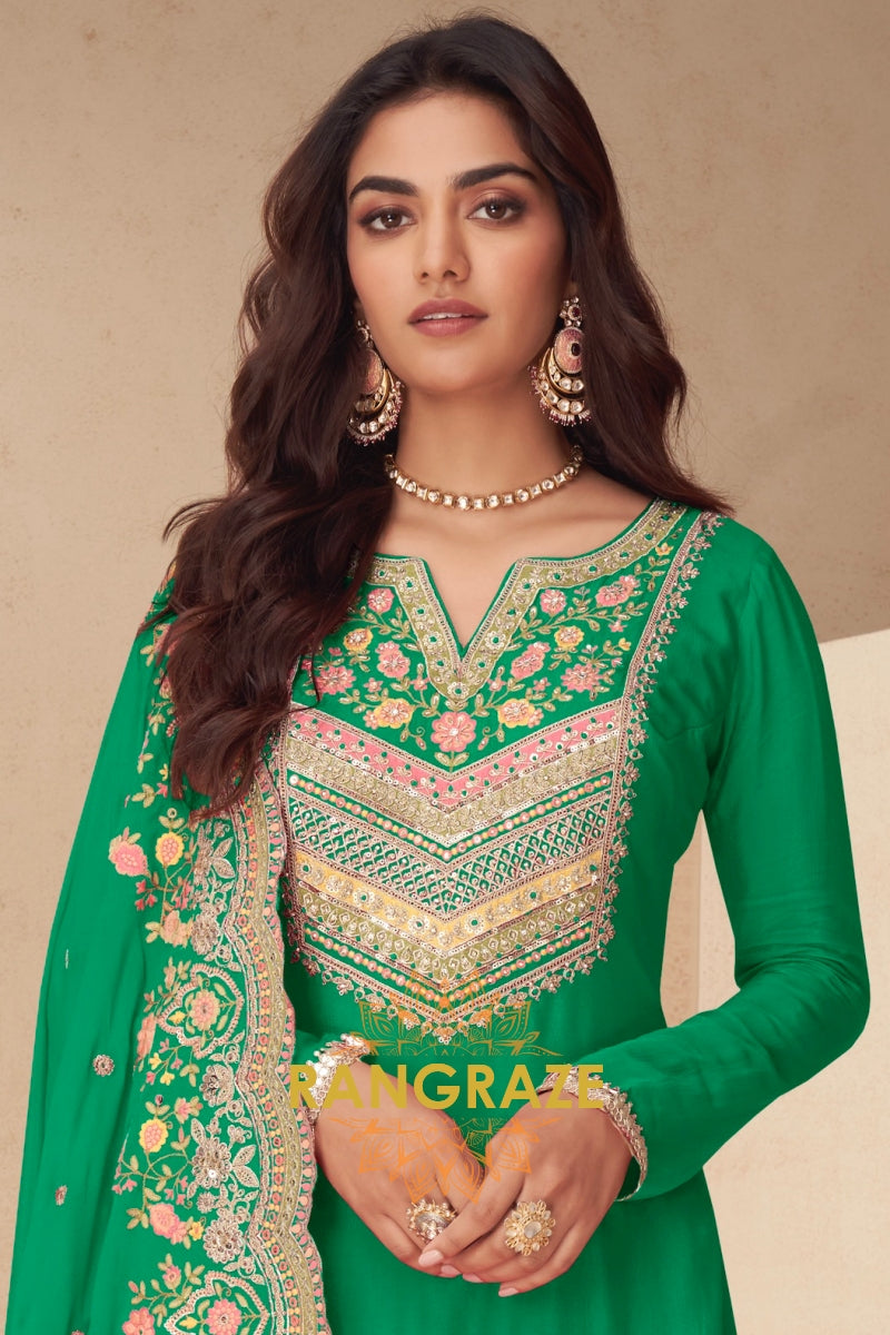 Emerald Bloom Real Chinon Designer Sharara Suit Set