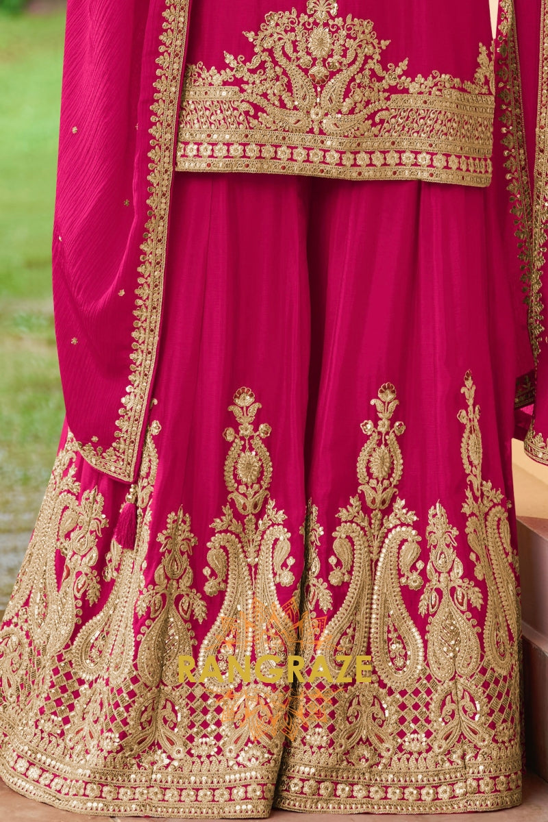Magenta & Gold Embroidered Premium chinon Sharara Suit Set