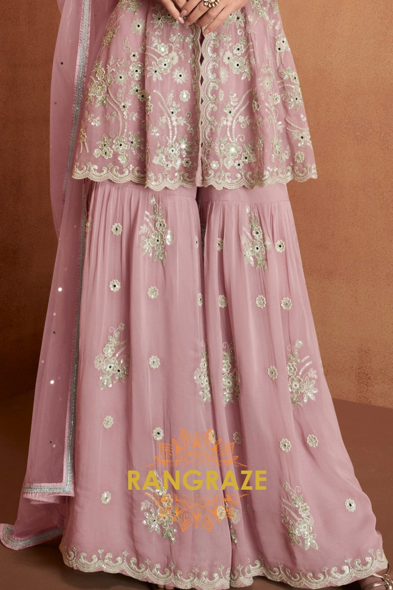 Dusty Rose Pure Premium Georgette Embroidered Sharara Suit with Dupatta