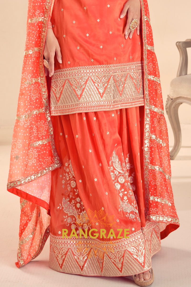 Sunset Glow Premium Shimmer Silk Embroidered Sharara Suit Set