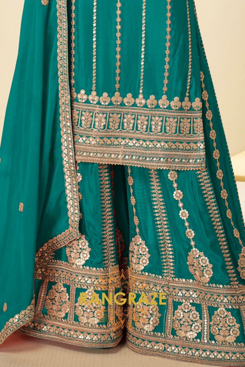 Teal Green Embroidered Premium Chinon Palazzo Suit Set
