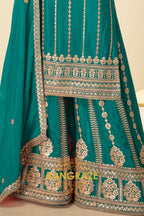 Teal Green Embroidered Premium Chinon Palazzo Suit Set
