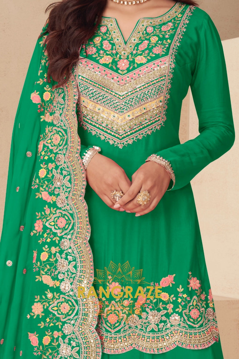 Emerald Bloom Real Chinon Designer Sharara Suit Set