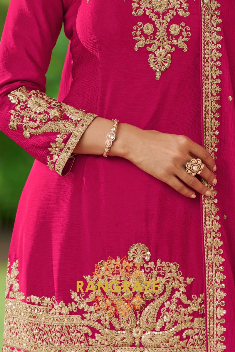 Magenta & Gold Embroidered Premium chinon Sharara Suit Set