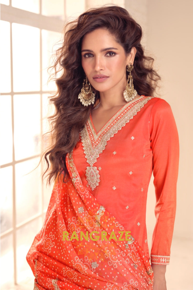 Sunset Glow Premium Shimmer Silk Embroidered Sharara Suit Set