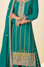 Teal Green Embroidered Premium Chinon Palazzo Suit Set