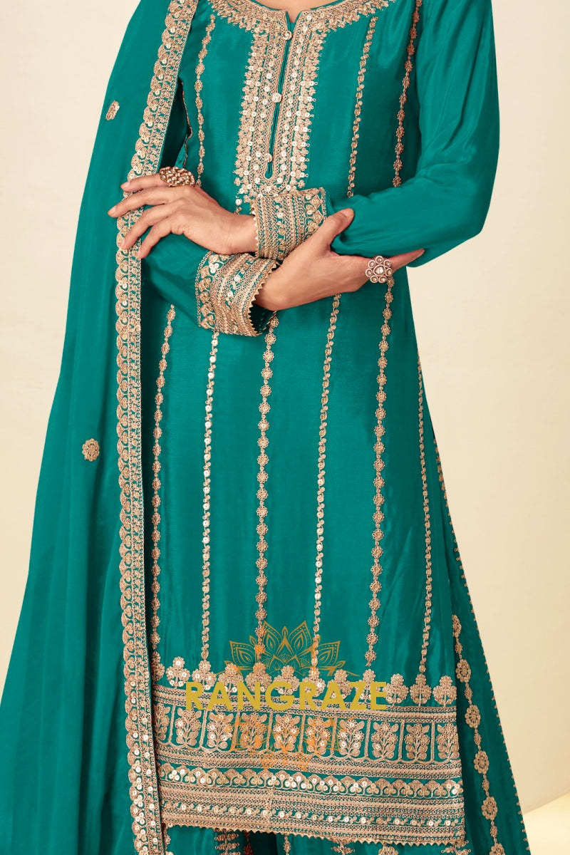 Teal Green Embroidered Premium Chinon Palazzo Suit Set
