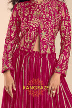 Magenta Embroidered Premium Viscose Silk Lehenga Jacket Suit Set with Can-Can