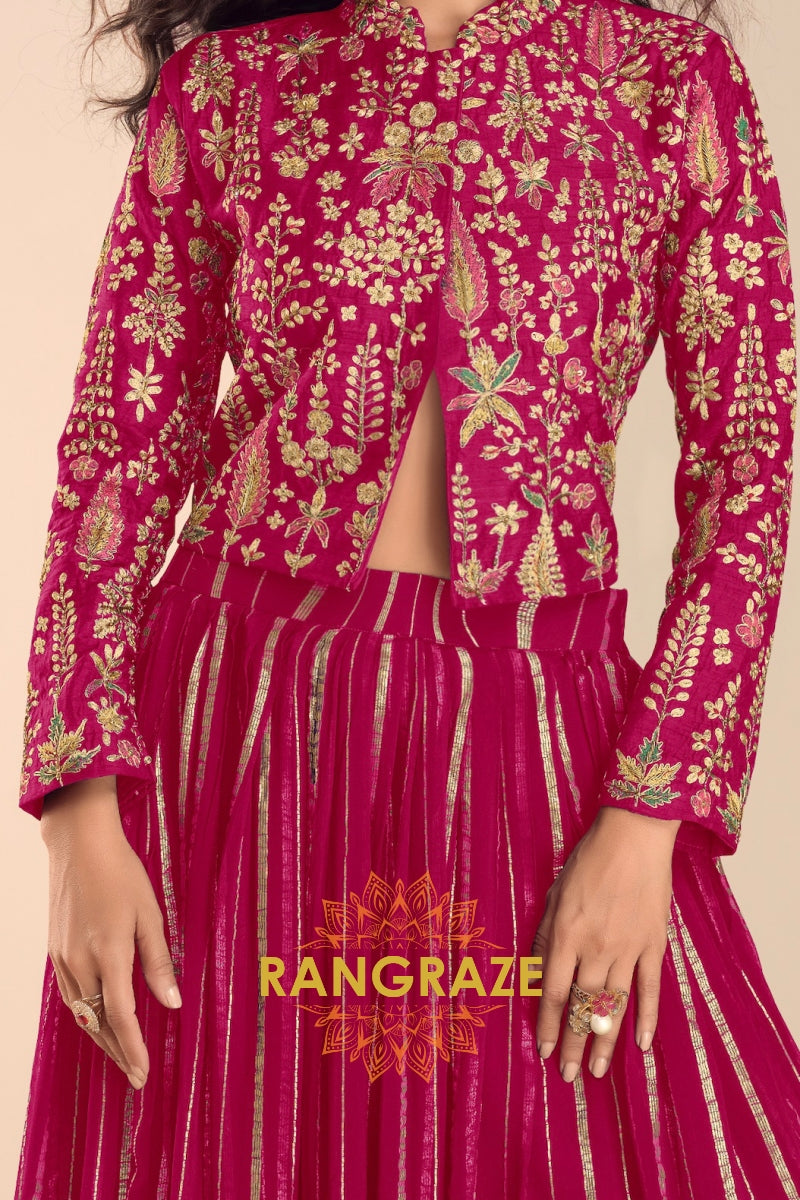 Magenta Embroidered Premium Viscose Silk Lehenga Jacket Suit Set with Can-Can