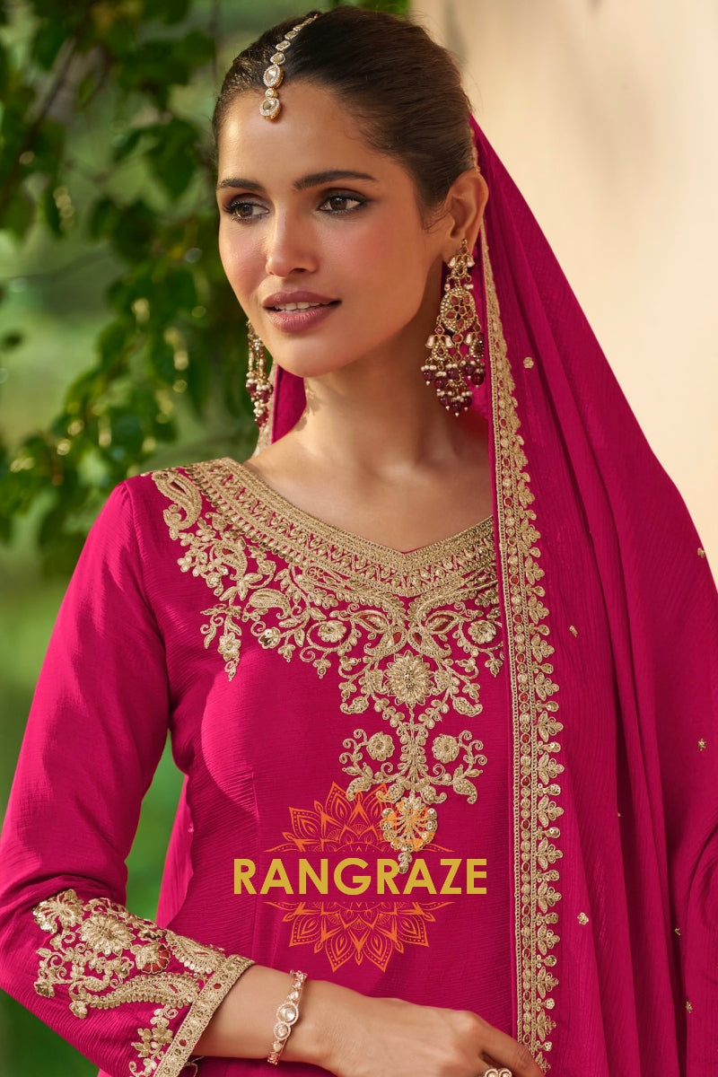 Magenta & Gold Embroidered Premium chinon Sharara Suit Set