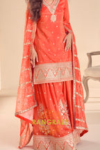 Sunset Glow Premium Shimmer Silk Embroidered Sharara Suit Set