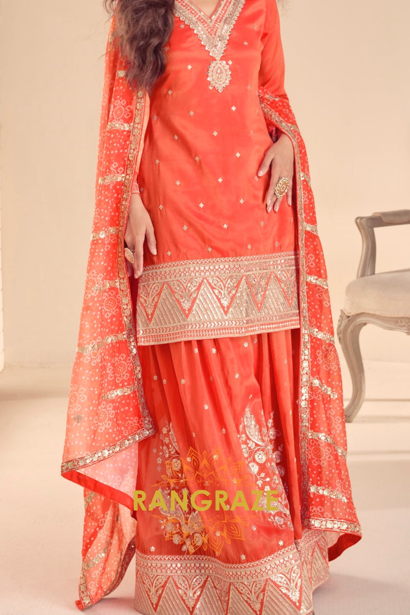 Sunset Glow Premium Shimmer Silk Embroidered Sharara Suit Set
