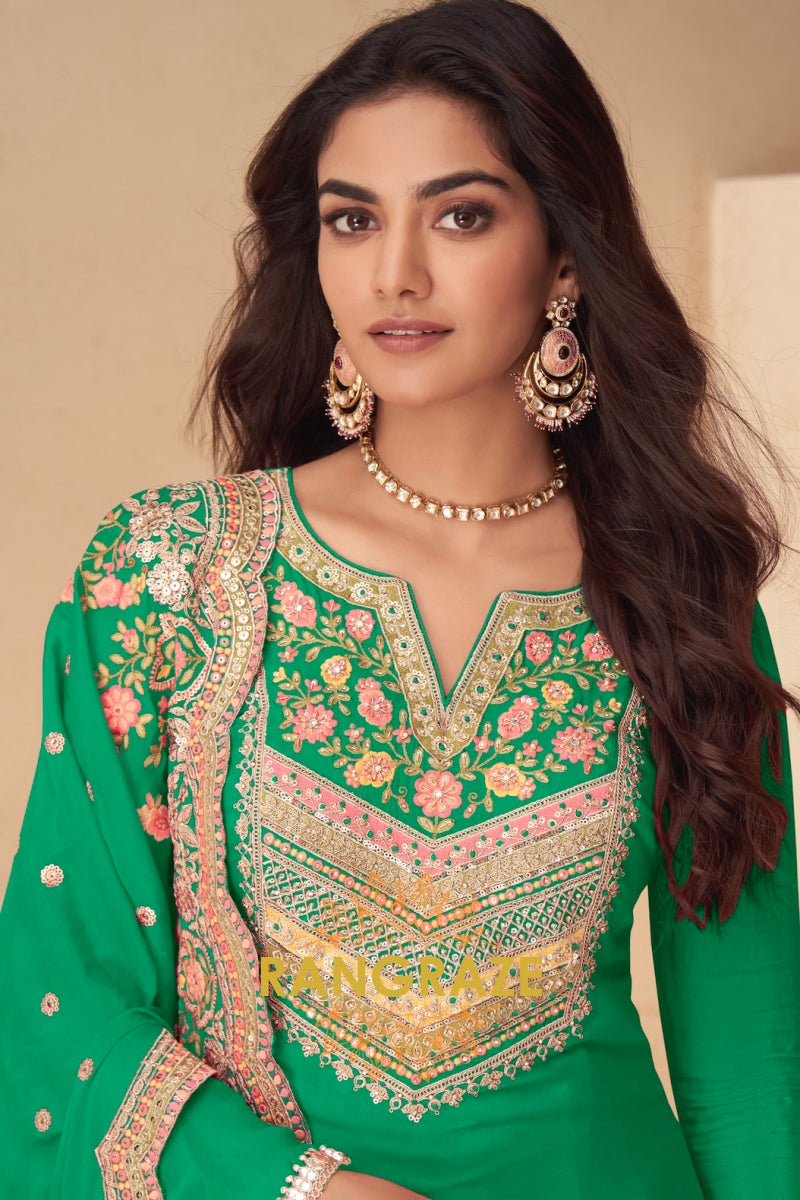 Emerald Bloom Real Chinon Designer Sharara Suit Set