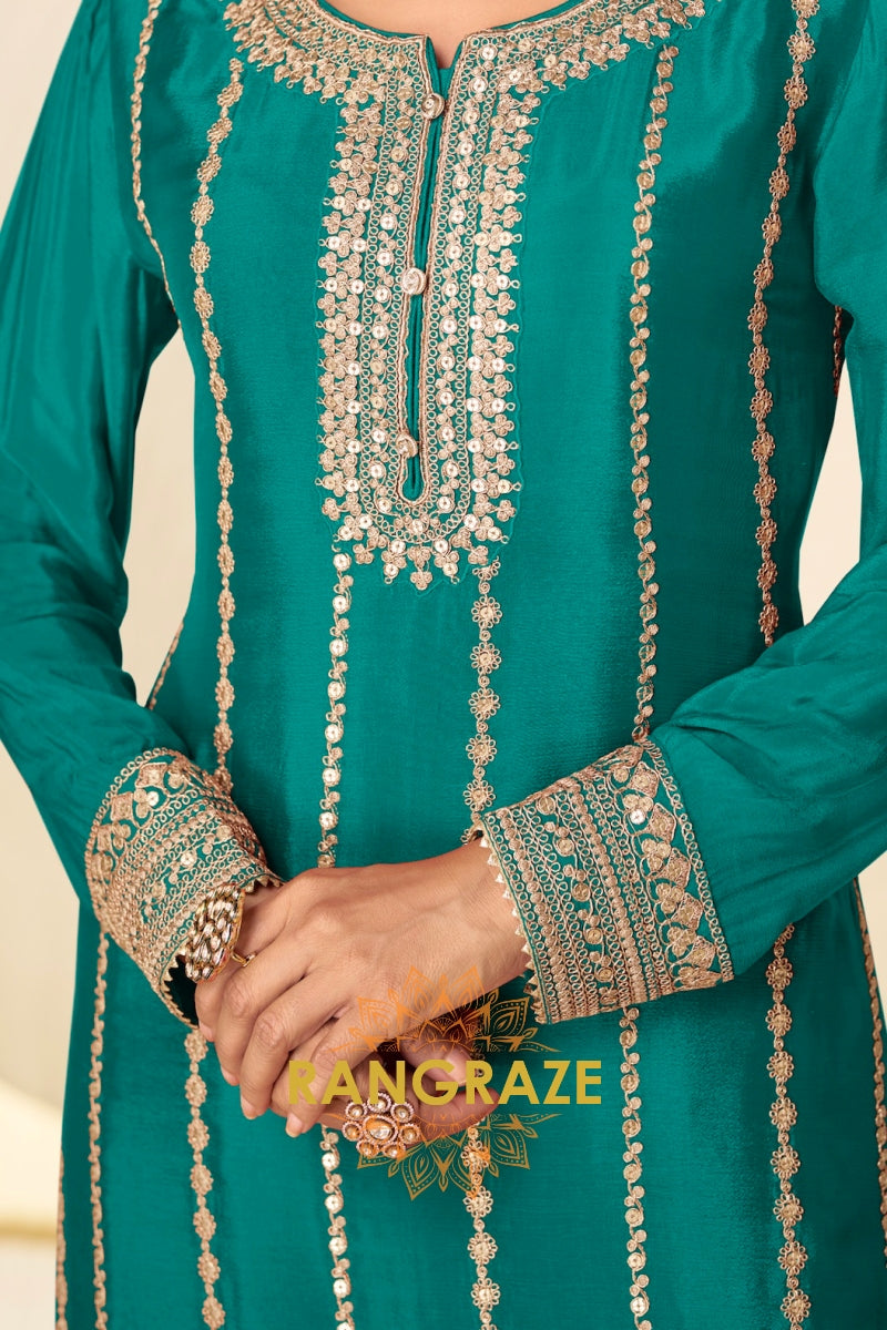 Teal Green Embroidered Premium Chinon Palazzo Suit Set