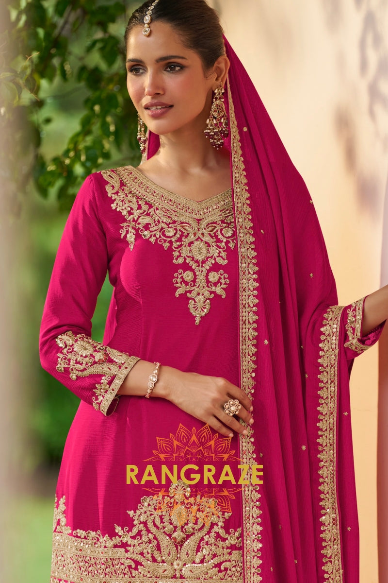 Magenta & Gold Embroidered Premium chinon Sharara Suit Set